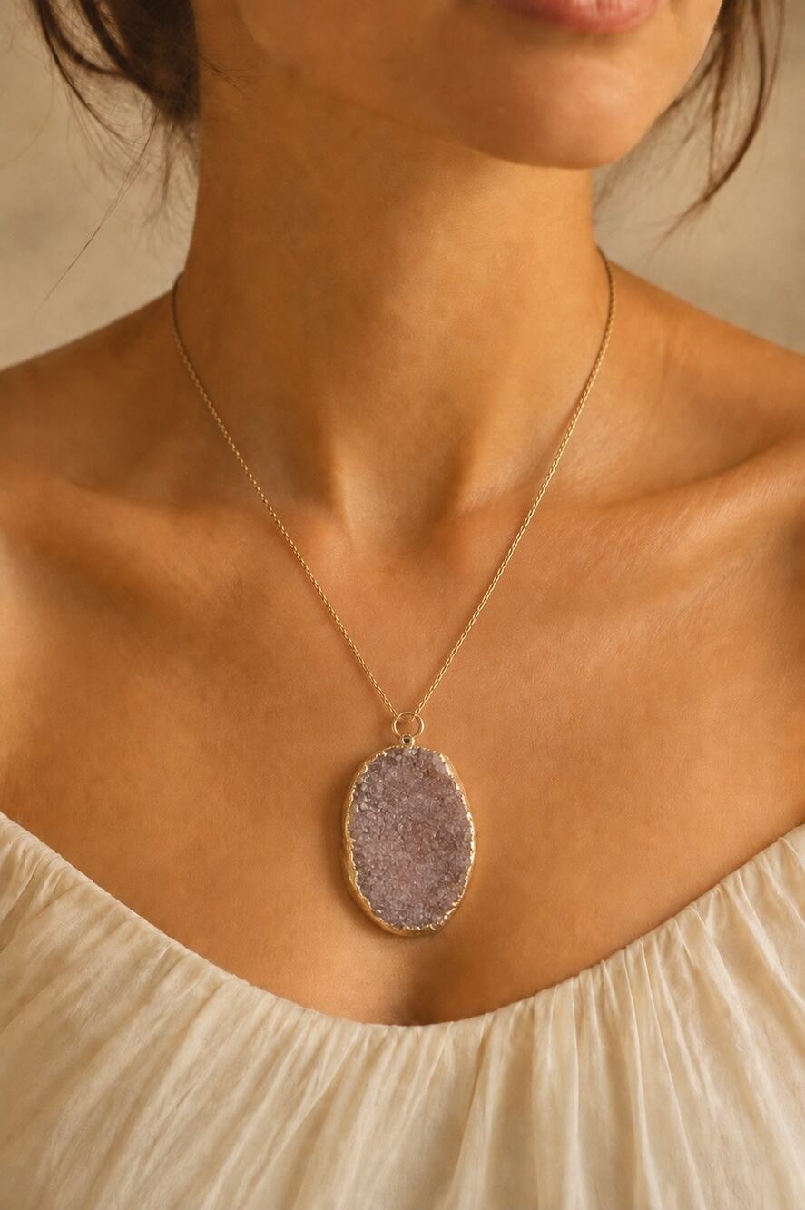 Gold Tone Purple Druzy Quartz Geode Slice Pendant Necklace Boho Crystal Jewelry